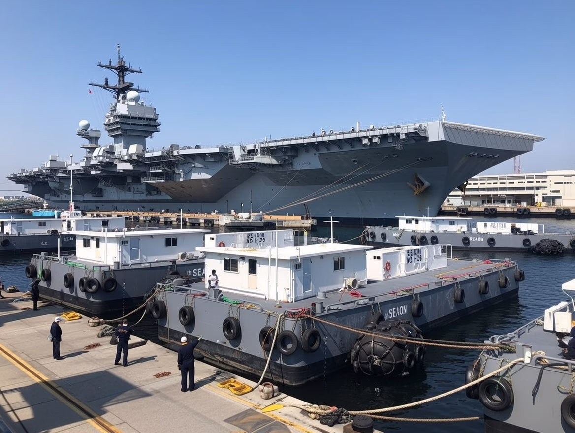 Seaon wastewater-treatment barges berthed beside a US Navy aircraft carrier